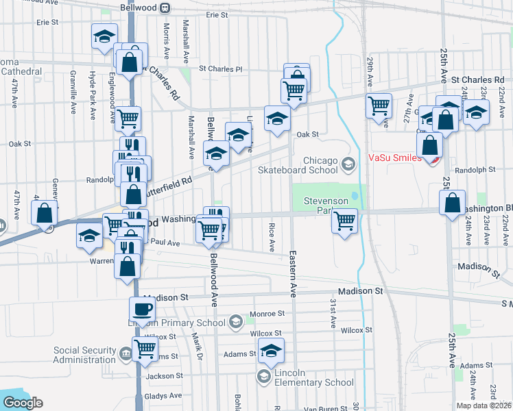 map of restaurants, bars, coffee shops, grocery stores, and more near 608 Linden Avenue in Bellwood