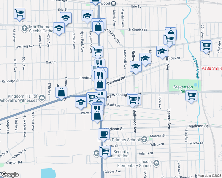 map of restaurants, bars, coffee shops, grocery stores, and more near in Bellwood
