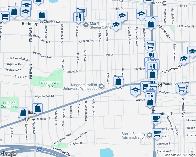 map of restaurants, bars, coffee shops, grocery stores, and more near 547 49th Avenue in Bellwood