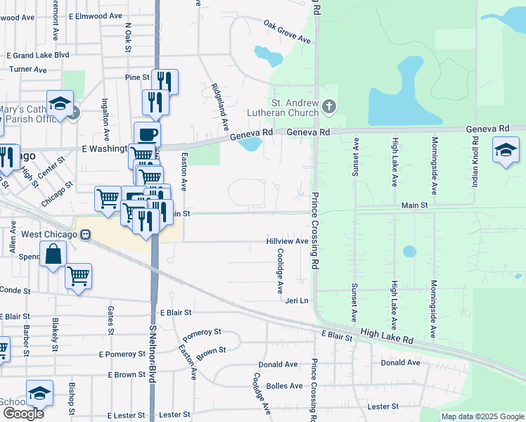 map of restaurants, bars, coffee shops, grocery stores, and more near 827 Hillview Avenue in West Chicago