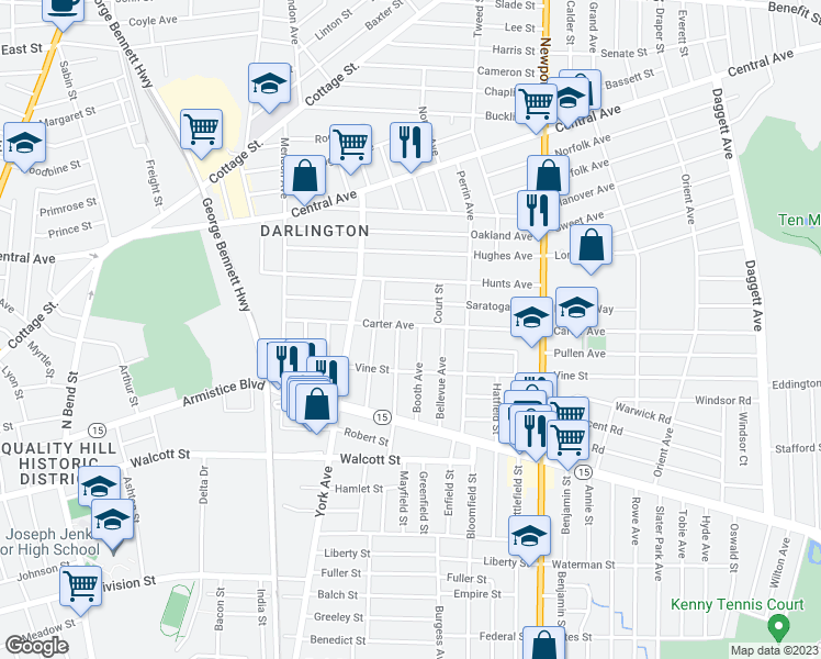 map of restaurants, bars, coffee shops, grocery stores, and more near 109 Carter Avenue in Pawtucket