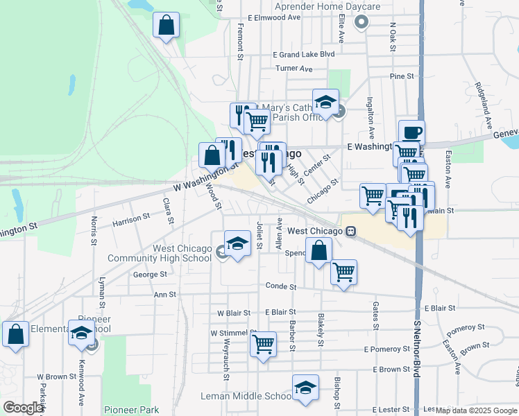 map of restaurants, bars, coffee shops, grocery stores, and more near 101 West Geneva Street in West Chicago