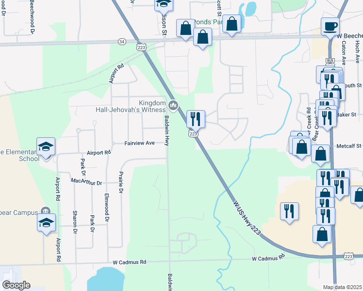 map of restaurants, bars, coffee shops, grocery stores, and more near 2452 Prairie Drive in Adrian