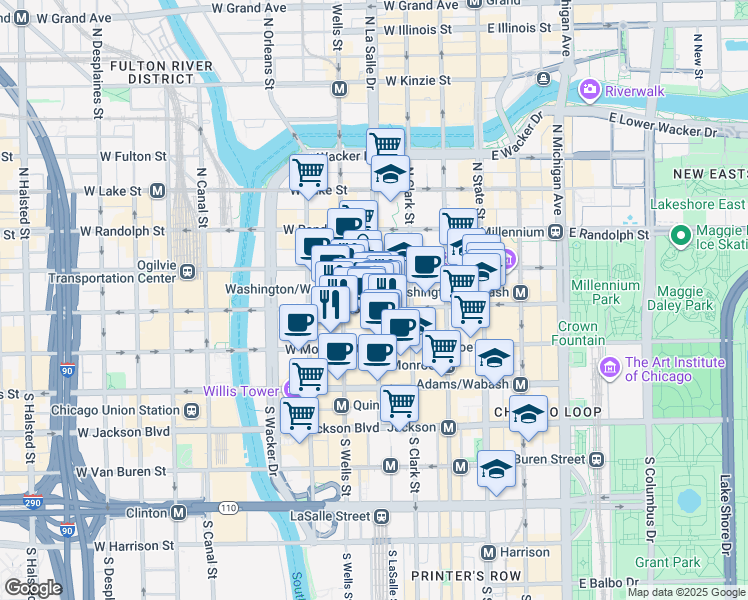 map of restaurants, bars, coffee shops, grocery stores, and more near 2 North LaSalle Street in Chicago