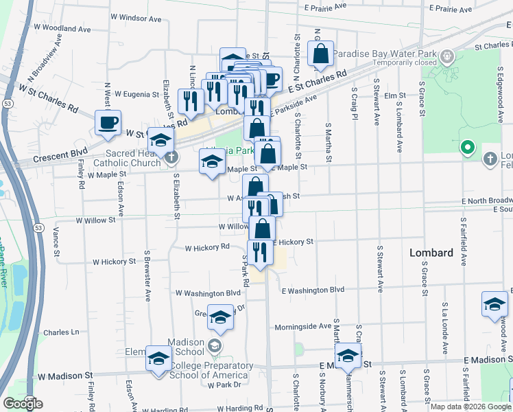 map of restaurants, bars, coffee shops, grocery stores, and more near 330 South Main Street in Lombard