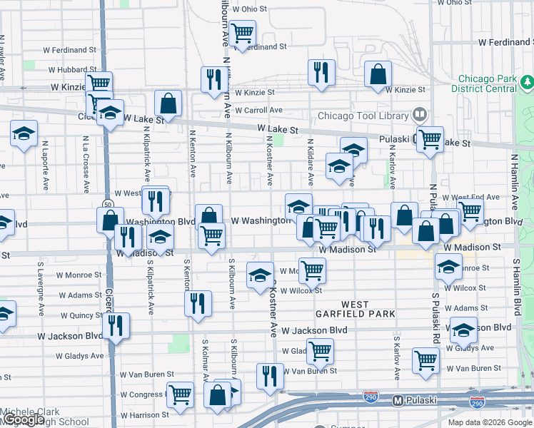 map of restaurants, bars, coffee shops, grocery stores, and more near 4402 West Washington Boulevard in Chicago
