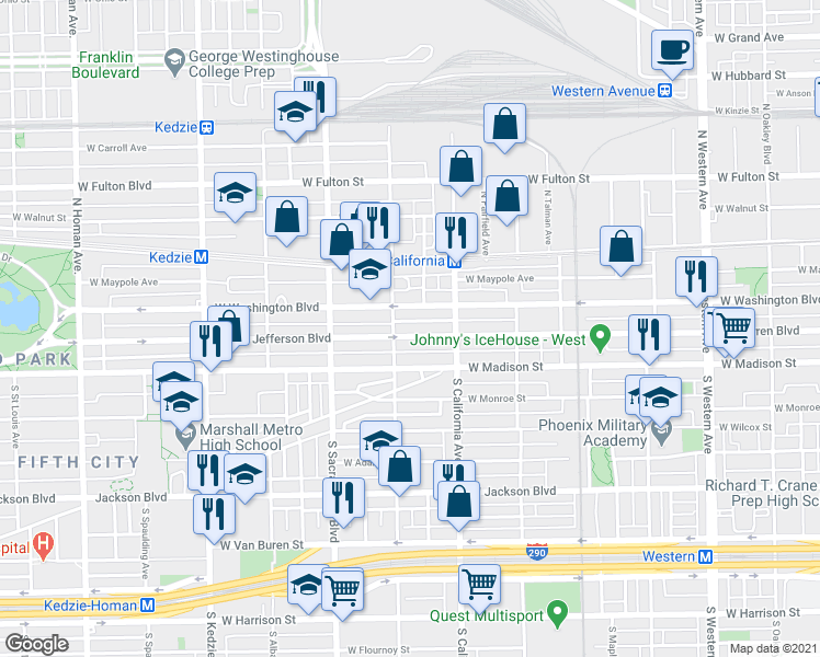 map of restaurants, bars, coffee shops, grocery stores, and more near 2848 West Warren Boulevard in Chicago