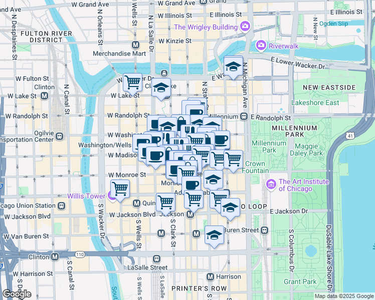 map of restaurants, bars, coffee shops, grocery stores, and more near 46 West Madison Street in Chicago