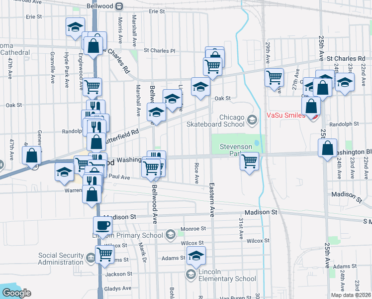 map of restaurants, bars, coffee shops, grocery stores, and more near 608 Linden Avenue in Bellwood