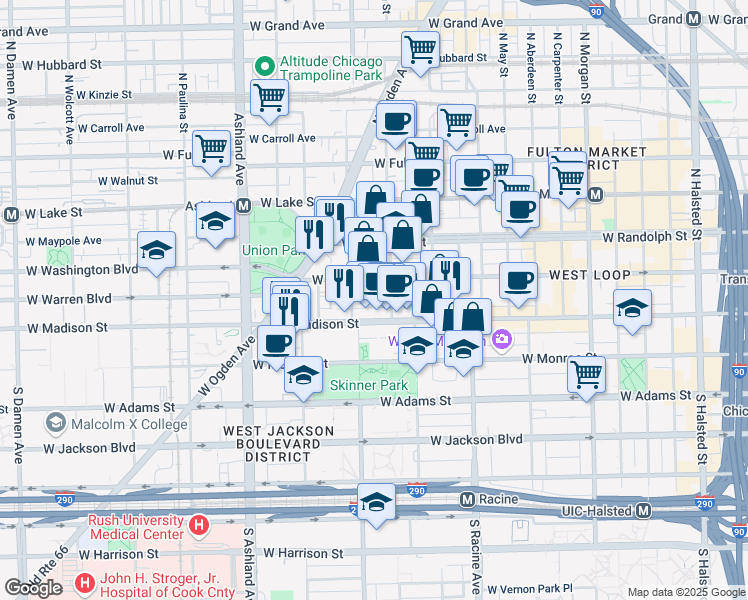 map of restaurants, bars, coffee shops, grocery stores, and more near 24 North Ada Street in Chicago