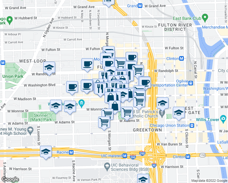 map of restaurants, bars, coffee shops, grocery stores, and more near 940 West Madison Street in Chicago