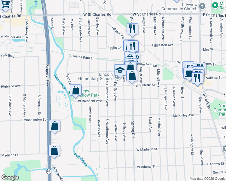 map of restaurants, bars, coffee shops, grocery stores, and more near 594 Fairfield Avenue in Elmhurst