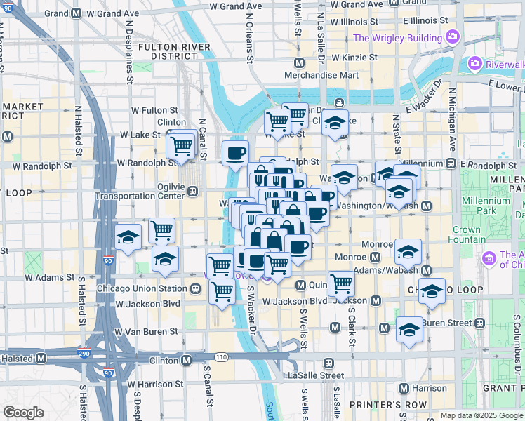 map of restaurants, bars, coffee shops, grocery stores, and more near One South Wacker Drive in Chicago
