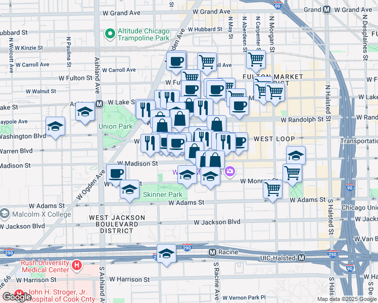 map of restaurants, bars, coffee shops, grocery stores, and more near 1301 West Madison Street in Chicago