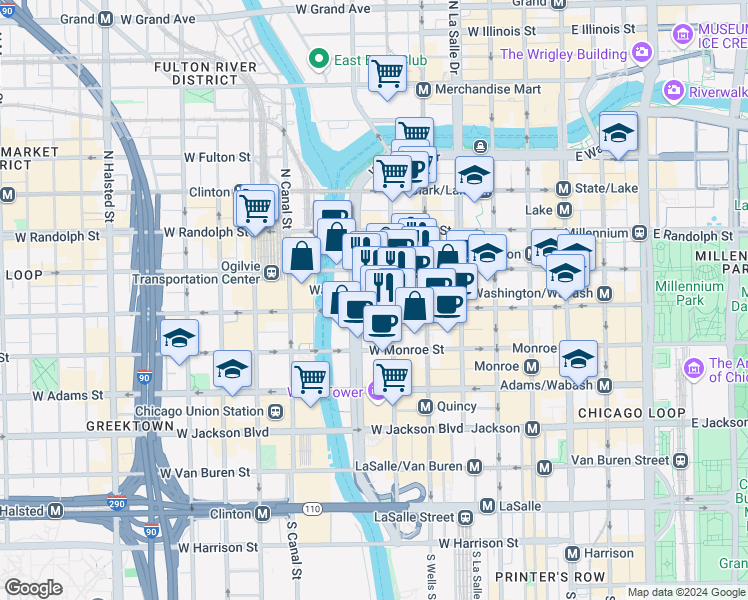 map of restaurants, bars, coffee shops, grocery stores, and more near 1 North Upper Wacker Drive in Chicago
