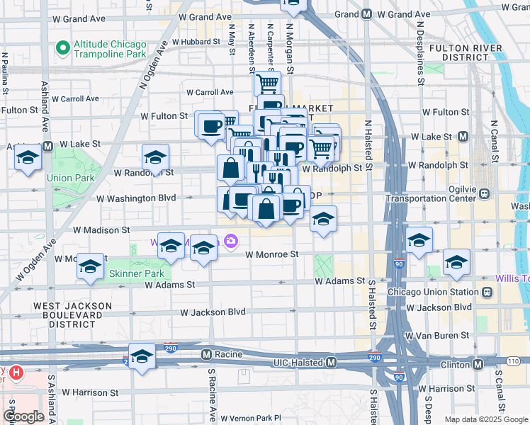 map of restaurants, bars, coffee shops, grocery stores, and more near 35 North Aberdeen Street in Chicago
