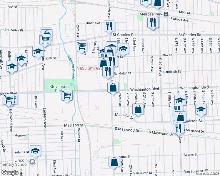 map of restaurants, bars, coffee shops, grocery stores, and more near 542 25th Avenue in Bellwood