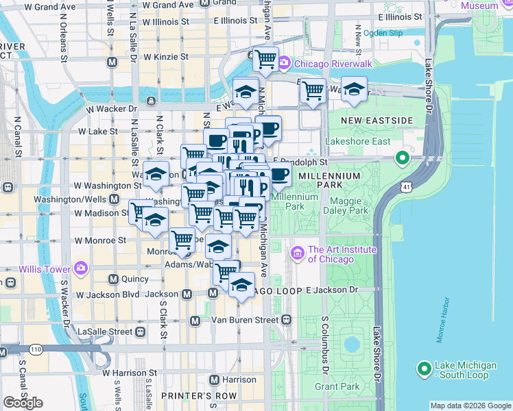 map of restaurants, bars, coffee shops, grocery stores, and more near 5 North Wabash Avenue in Chicago
