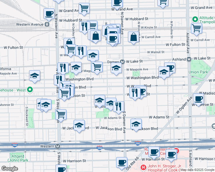 map of restaurants, bars, coffee shops, grocery stores, and more near 35 North Hoyne Avenue in Chicago
