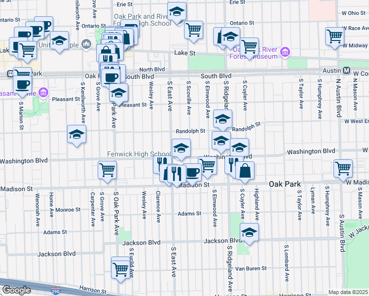 map of restaurants, bars, coffee shops, grocery stores, and more near 329 South Scoville Avenue in Oak Park