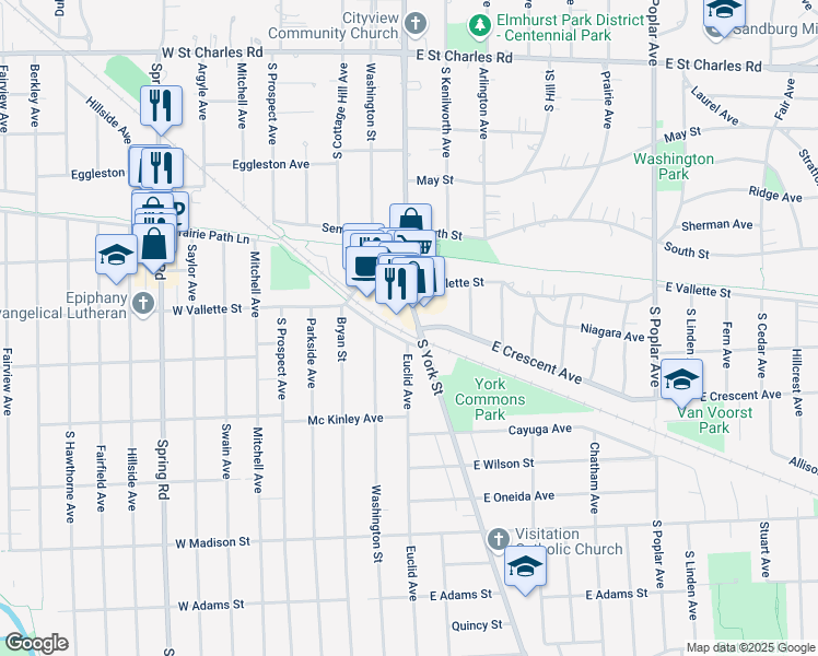 map of restaurants, bars, coffee shops, grocery stores, and more near 104 West Vallette Street in Elmhurst