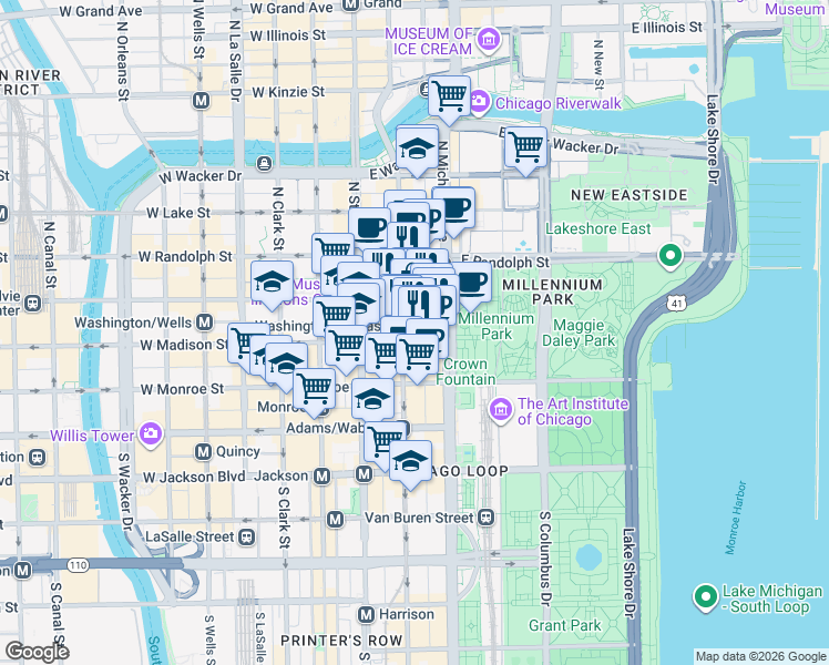 map of restaurants, bars, coffee shops, grocery stores, and more near 5 North Wabash Avenue in Chicago