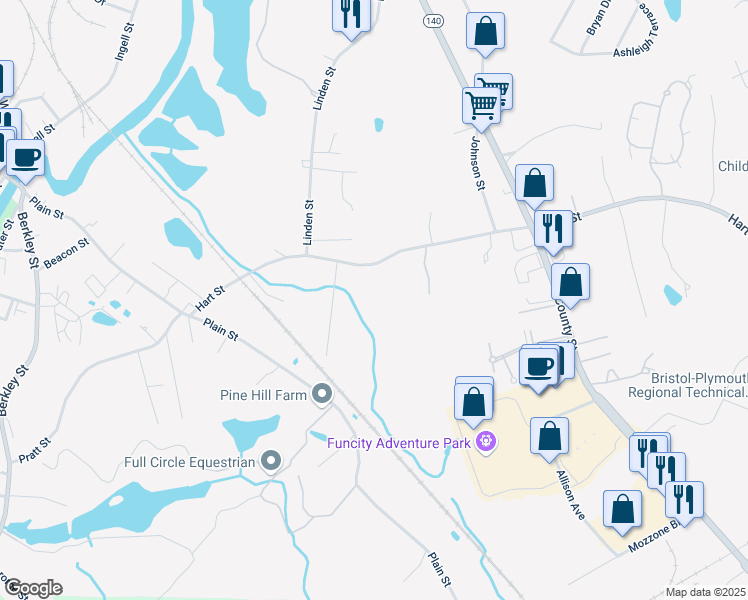 map of restaurants, bars, coffee shops, grocery stores, and more near 93 Hart Street in Taunton
