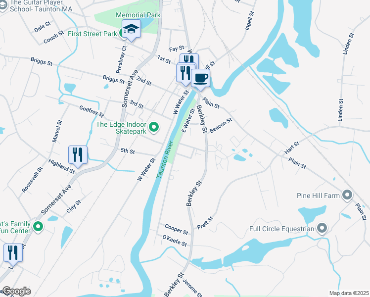 map of restaurants, bars, coffee shops, grocery stores, and more near 12 Southeast Street in Taunton