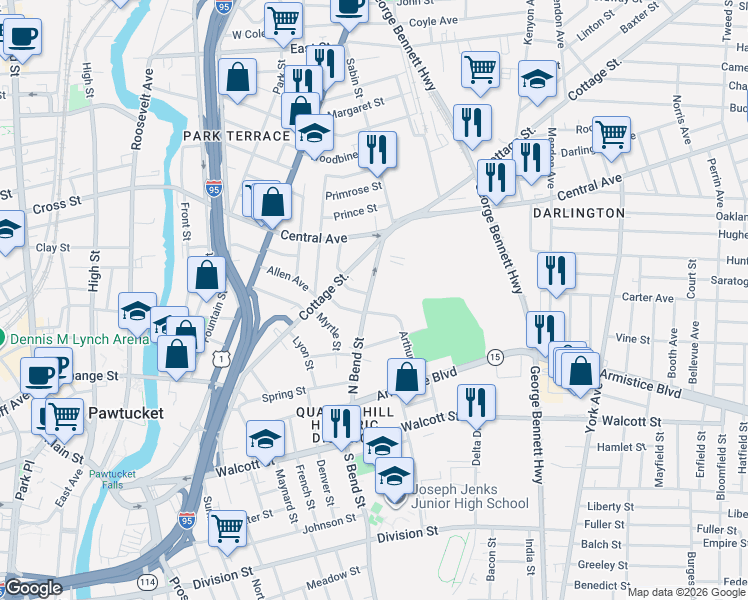 map of restaurants, bars, coffee shops, grocery stores, and more near 194 North Bend Street in Pawtucket