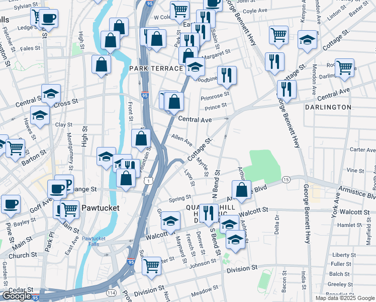 map of restaurants, bars, coffee shops, grocery stores, and more near 10 Greene Street in Pawtucket