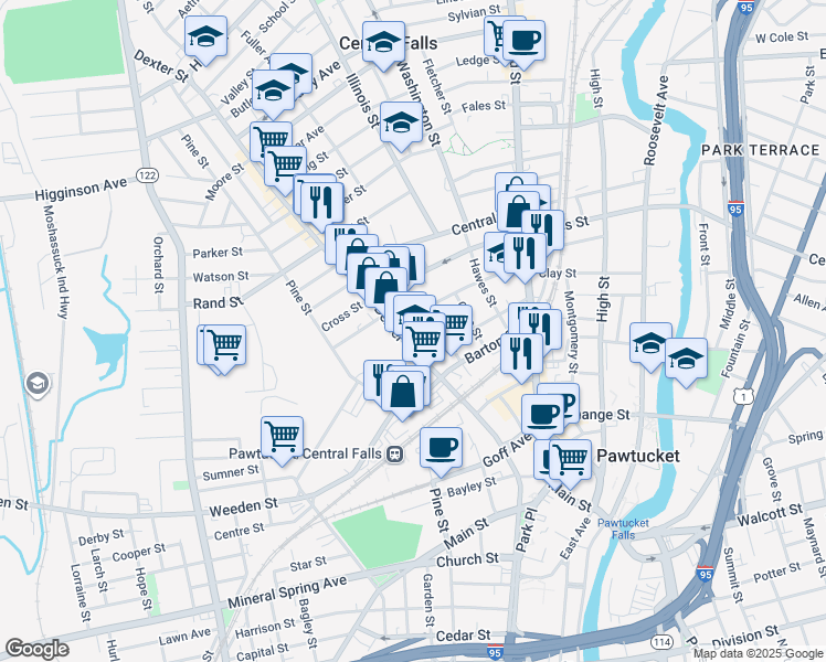 map of restaurants, bars, coffee shops, grocery stores, and more near 127 Clay Street in Central Falls