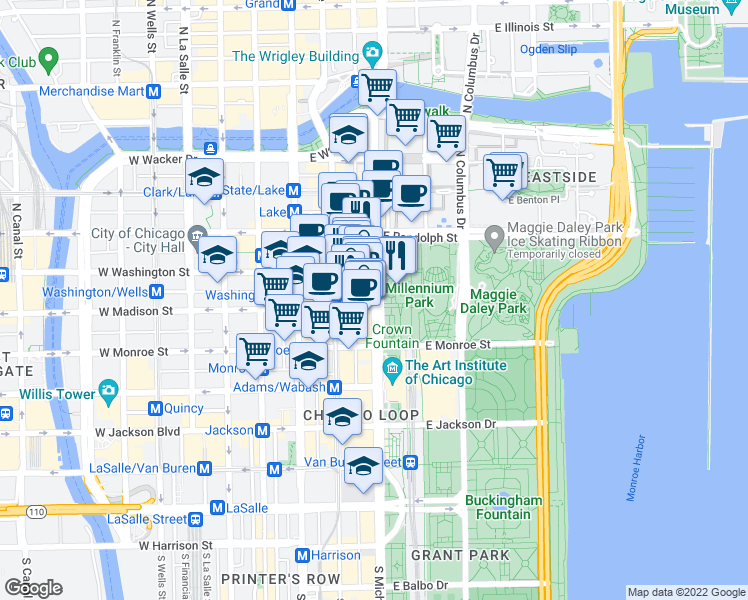 map of restaurants, bars, coffee shops, grocery stores, and more near 11 Michigan Avenue in Chicago
