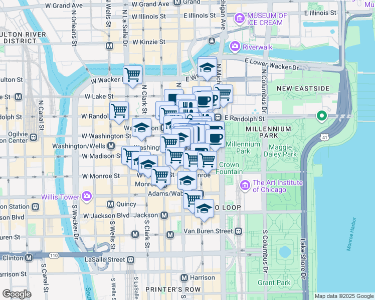 map of restaurants, bars, coffee shops, grocery stores, and more near 111 North State Street in Chicago