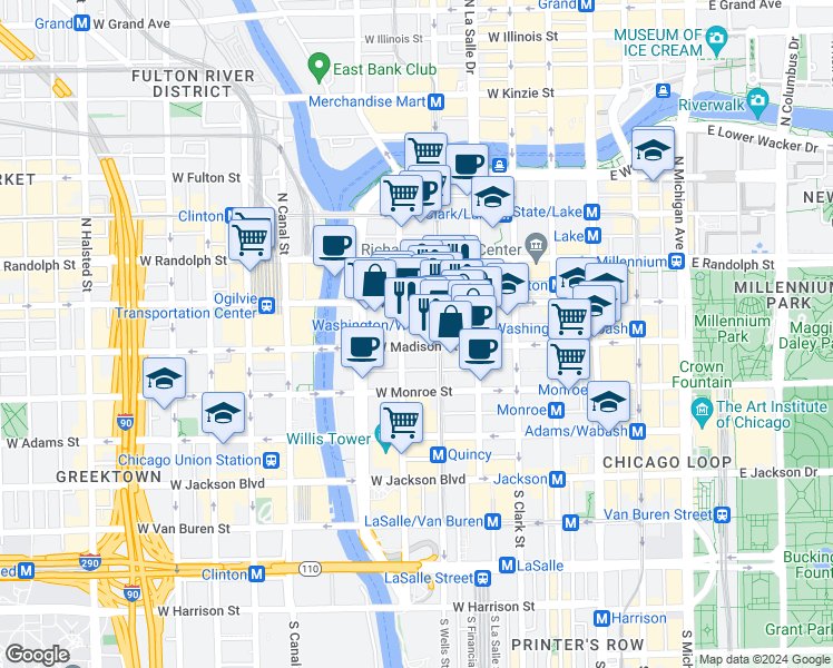map of restaurants, bars, coffee shops, grocery stores, and more near in Chicago