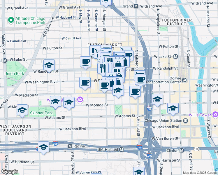 map of restaurants, bars, coffee shops, grocery stores, and more near in Chicago