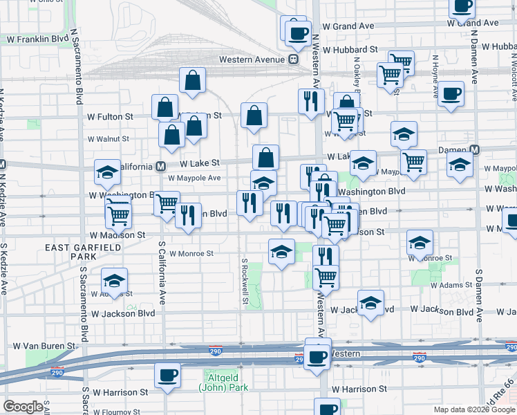 map of restaurants, bars, coffee shops, grocery stores, and more near 2534 West Washington Boulevard in Chicago