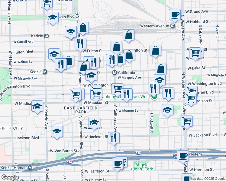 map of restaurants, bars, coffee shops, grocery stores, and more near 2758 West Washington Boulevard in Chicago
