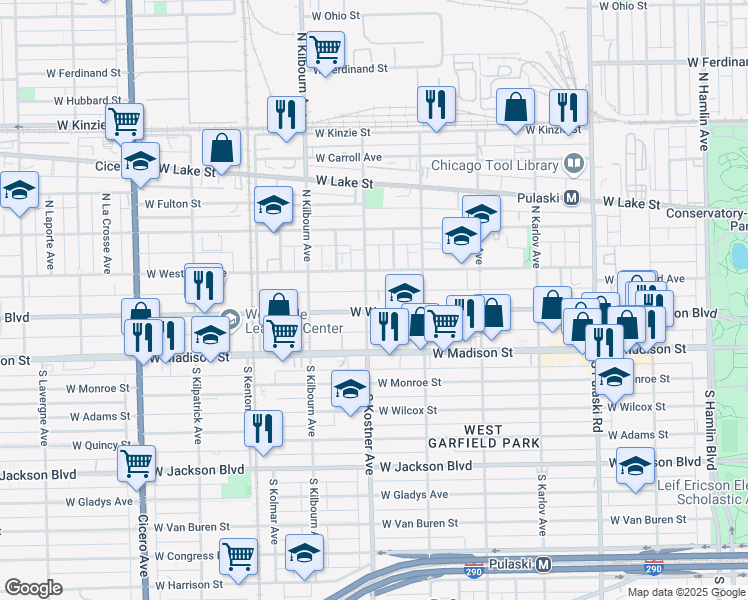 map of restaurants, bars, coffee shops, grocery stores, and more near 4349 West West End Avenue in Chicago
