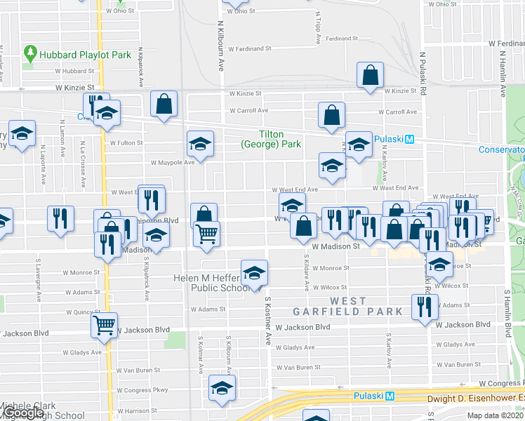 map of restaurants, bars, coffee shops, grocery stores, and more near 4349 West West End Avenue in Chicago
