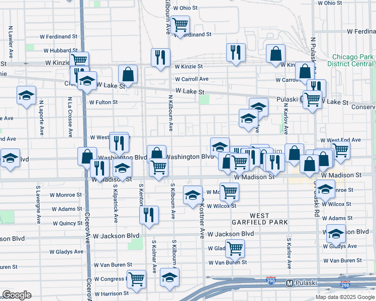 map of restaurants, bars, coffee shops, grocery stores, and more near 4425 West West End Avenue in Chicago