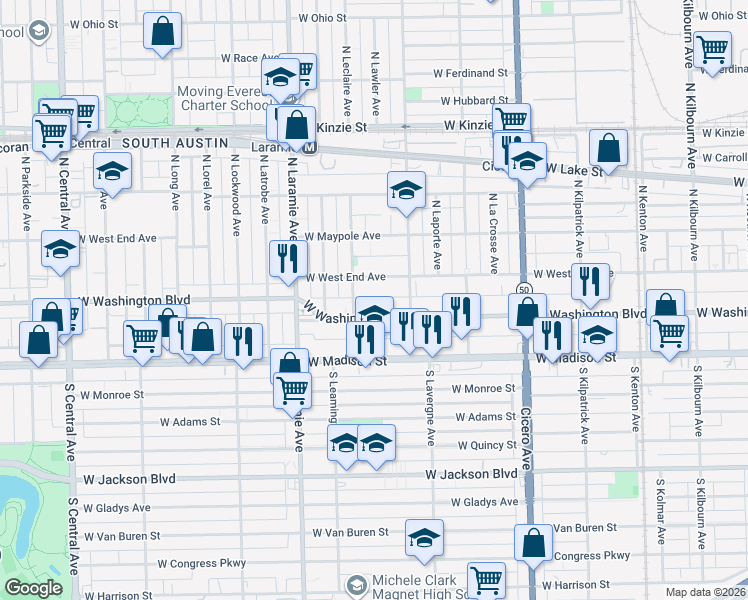 map of restaurants, bars, coffee shops, grocery stores, and more near in Chicago