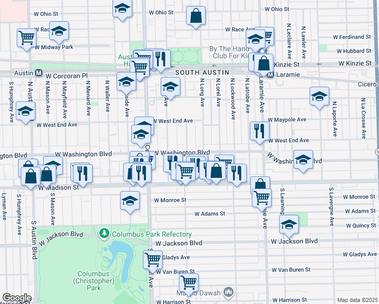 map of restaurants, bars, coffee shops, grocery stores, and more near 120 North Lotus Avenue in Chicago