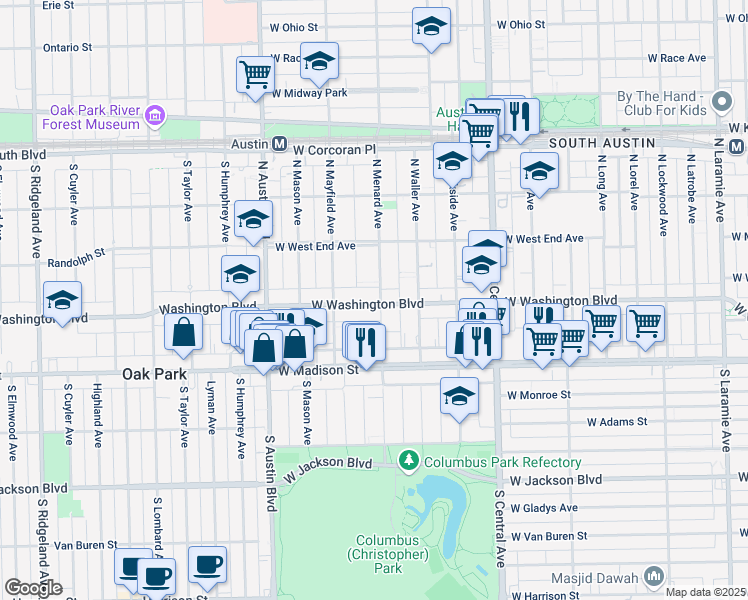 map of restaurants, bars, coffee shops, grocery stores, and more near 129 North Menard Avenue in Chicago