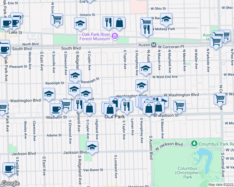 map of restaurants, bars, coffee shops, grocery stores, and more near 323 South Taylor Avenue in Oak Park