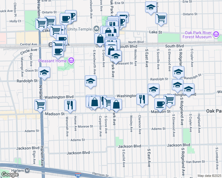 map of restaurants, bars, coffee shops, grocery stores, and more near 307 South Oak Park Avenue in Oak Park