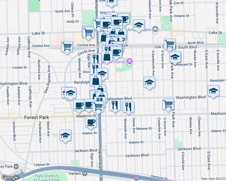map of restaurants, bars, coffee shops, grocery stores, and more near in Oak Park