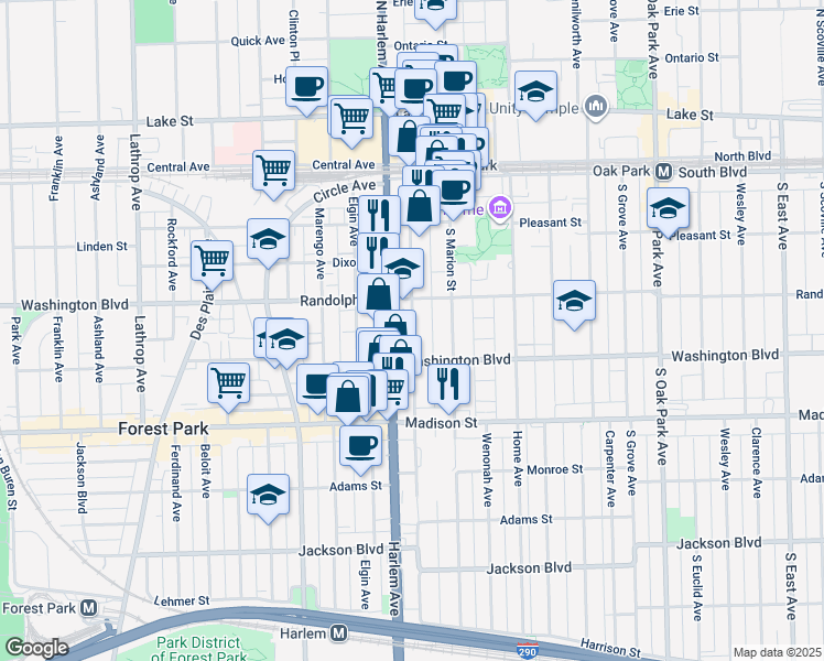 map of restaurants, bars, coffee shops, grocery stores, and more near 100 South Maple Avenue in Oak Park