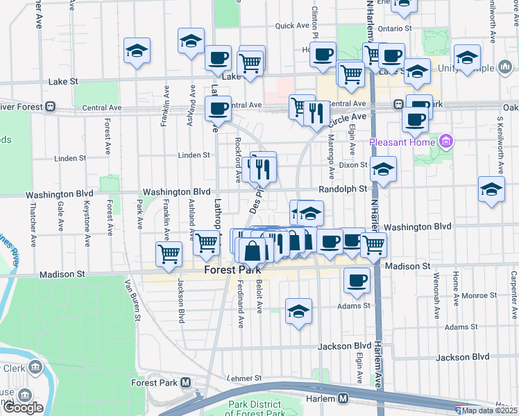 map of restaurants, bars, coffee shops, grocery stores, and more near 200 Des Plaines Avenue in Forest Park