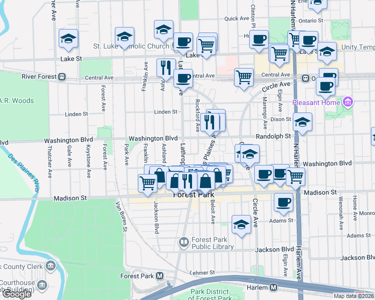 map of restaurants, bars, coffee shops, grocery stores, and more near 5608 Washington Boulevard in River Forest