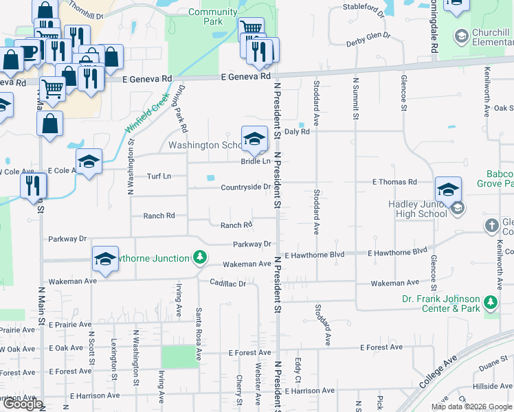 map of restaurants, bars, coffee shops, grocery stores, and more near 826 Countryside Drive in Wheaton